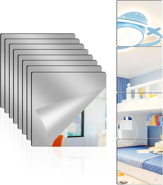 8 Pack Acrylic Mirrors for Wall,14 x 14 Inch Self Adhesive Frameless Small Mirror Tiles, Flexible Plastic Mirror Sheets for Bedroom Home Gym Door (14"X14"-8Pcs)