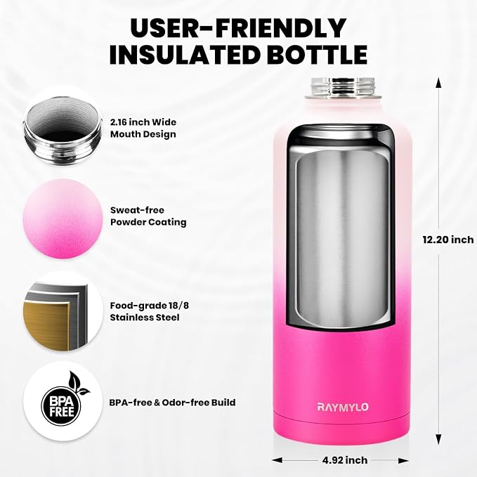 RAYMYLO Insulated Water Bottle 87 oz, Triple Wall Vacuum Stainless Steel | Cold for 48 Hrs), Leak Proof & Non-BPA, Modern Water Flask Jug with Paracord Handle & Straw Spout Lids, Ombre Pink