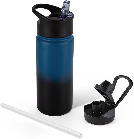 16 oz Insulated Water Bottle for School, Straw & Spout Lid, Keep Cold 24H, Spill Proof, BPA-Free, Double Wall Stainless Steel Kids Water Bottles for Sports, Gym, Travel, Blue Black Gradient