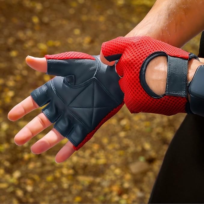 Leather MESH Fingerless Weight Lifting Exercise Gym Wheelchair Gloves Black/RED WLG-021