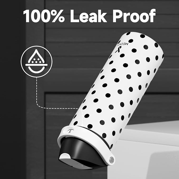 24 oz Insulated Water Bottle with Straw: Meoky Stainless Steel Metal Water Bottle with 2-in-1 Lid - Leak Proof, Cold for 24 Hours, Fits in Car Cup Holder, BPA-Free for Sports Travel Car, Polka Dot