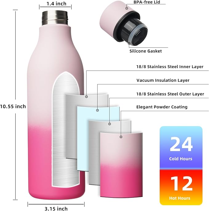 BJPKPK 25oz Insulated Water Bottle, Stainless Steel Bottle with Carry Strap | Keep Cold & Hot Vacuum Insulation, Leak-Proof BPA-Free Design, Slim Bottle Fits Most Cup Holders for Gym, Office & Travel