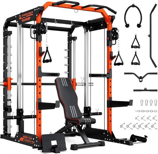 YOLEO Smith Machine & Squat Rack Combo, Multi-Functional Power Racks with Adjustable Width & Pull-Up Bar, Cable Crossover Power Cage, Independent Dual-Pulley System for Home Gym Garage Basement