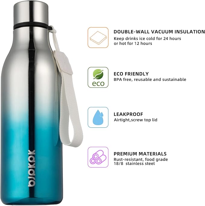 BJPKPK 18oz Insulated Water Bottle, Stainless Steel Bottle with Carry Strap | Keep Cold & Hot Vacuum Insulation, Leak-Proof BPA-Free Design, Slim Bottle Fits Most Cup Holders for Gym, Office & Travel