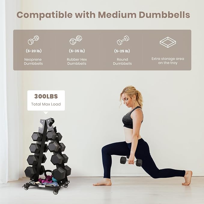 LIONSCOOL Dumbbell Rack Stand Only, A-Frame Rolling Weight Storage and Tray | 5 Tier Steel Rack with Premium Solid Wheels, Portable Home Gym Fitness Storage Organizer, 200/300/700LBS Weight Capacity