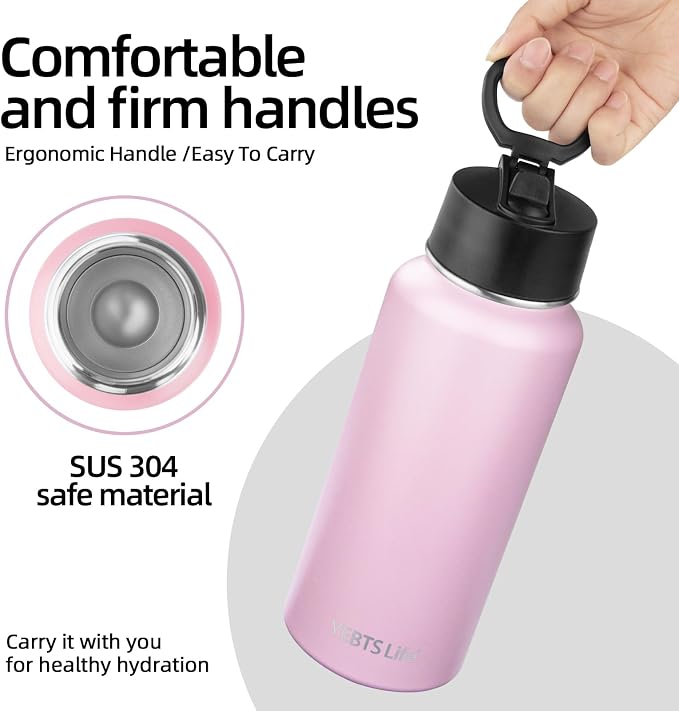 Insulated Water Bottle With Straw,32 oz Vacuum Insulated Stainless Steel Sports Water Flask,Keeps Cold and Hot,Metal Water Bottle Wide Mouth for Gym Travel Camping (Light pink)