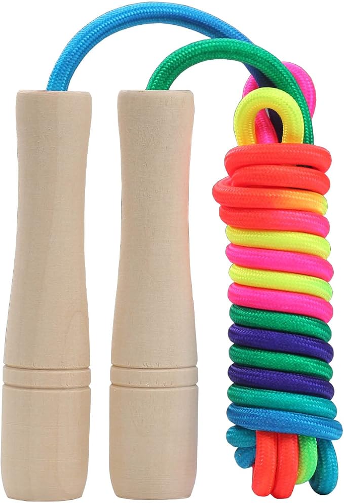 Jump Rope Kids, 8.5ft Adjustable Cotton Skipping Rope with Wooden Handle for Boys and Girls Fitness Outdoor Exercise (Rainbow color)