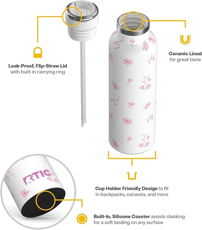 RTIC 20oz Journey Water Bottle Ceramic Lined Metal Stainless Steel Vacuum Insulated, BPA Free, Reusable, for Water, Hot and Cold Drinks, Travel, Sports, Camping, Pink Magnolias
