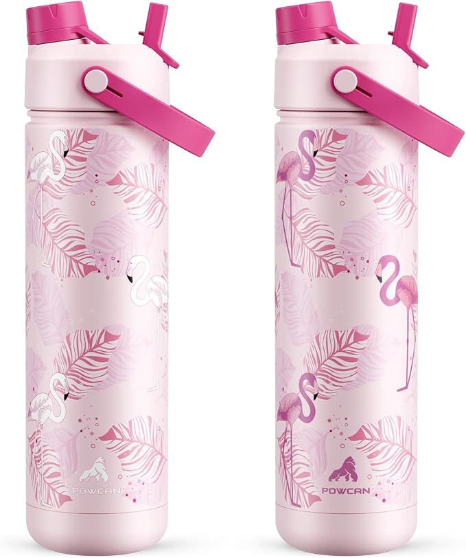 POWCAN 26 oz Insulated Water Bottle with 2-in-1 Straw and Spout Lid, Keep Cold 24H, Leak-Proof, Fits in Car Cup Holder, Stainless Steel Water Bottle for Sports, Trip, Gift, Gym (Sun-Kissed Flamingo)