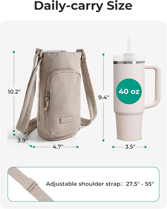 BAGSMART 40oz Water Bottle Holder with Strap, Quilted Gym Accessories | Magnetic or Classic Design, Lightweiht Tumbler Drink Carrier, Quilted Crossbody Purse