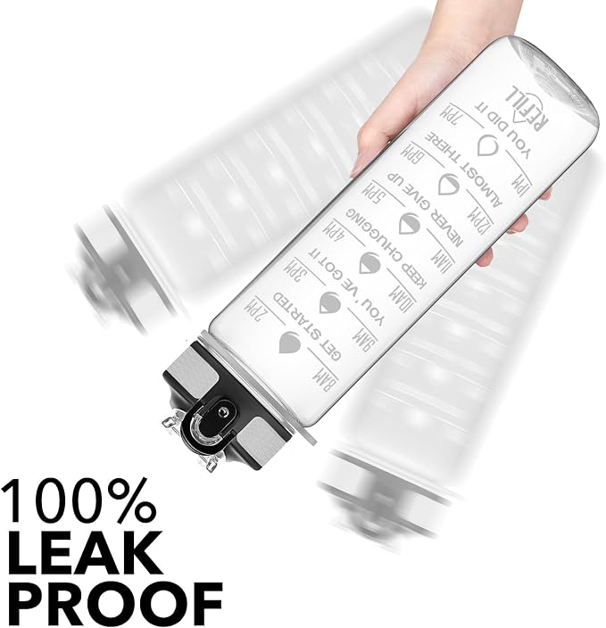 Hyeta Water Bottle with Straw & Time Marker, Plastic 32oz Leakproof | Motivational Tritan BPA Free Gym Office Outdoor Intake Tracker Hourly Reminder Straw Lid Carry Strap