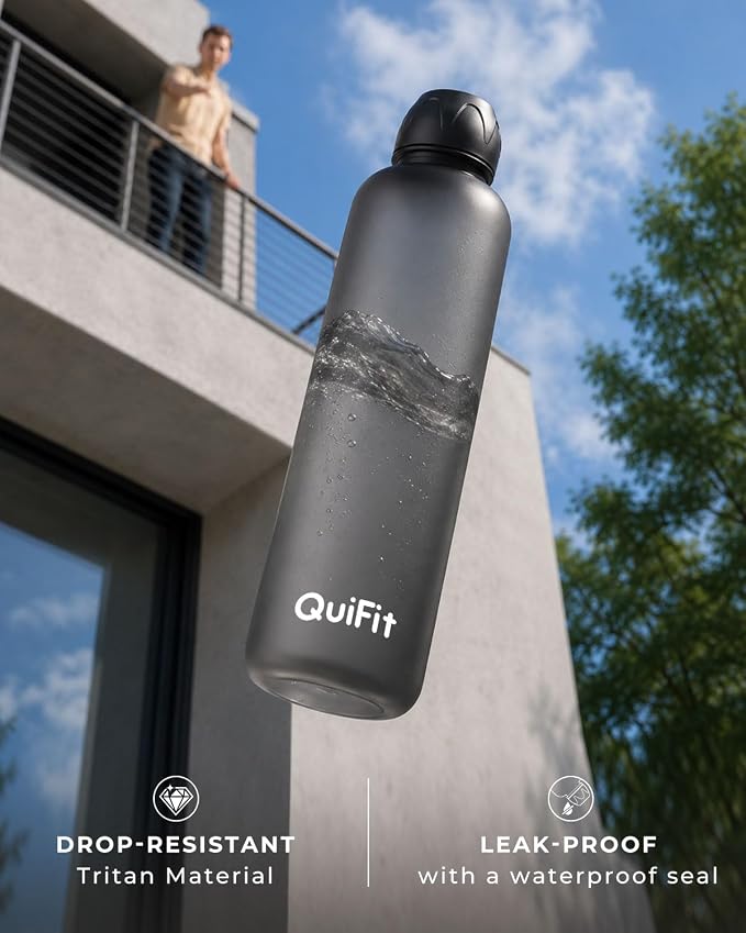 Slim Water Bottle 32 OZ with Stainless Steel Lid, Dishwasher Safe 1 Liter Plastic Water Bottle BPA-Free, Leakproof Lightweight with Time Marker, Reusable for Running School Sport Gym Travel Hiking