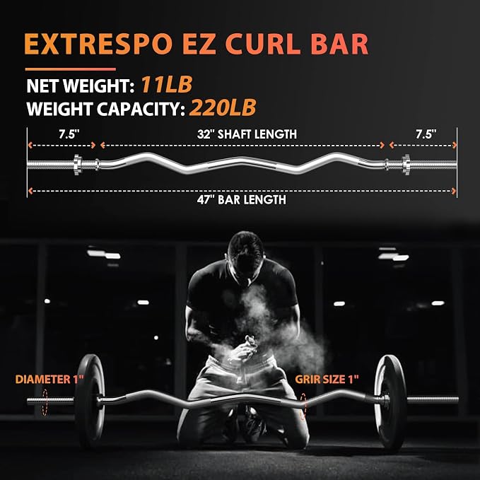 ExtreSpo 47" EZ Curl Bar Weight Lifting Bar, for Hip Thrusts/Squats/Lunges, 1" Weight Plates Curling Bar for Gym and Home, with Star Collars
