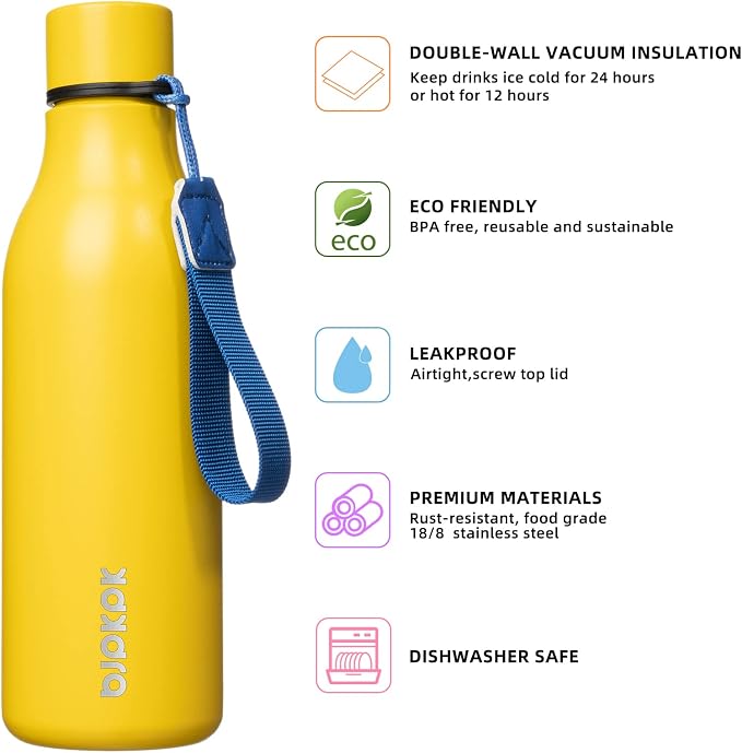 BJPKPK 18oz Insulated Water Bottle, Stainless Steel Bottle with Carry Strap | Keep Cold & Hot Vacuum Insulation, Leak-Proof BPA-Free Design, Slim Bottle Fits Most Cup Holders for Gym, Office & Travel