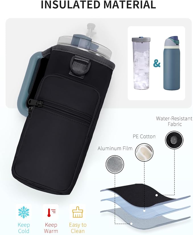 sportsnew 30/40oz Crossbody Water Bottle Holder Anti-Tip Tumbler Carrier | Lightweight Bottle Sling Fits Handled Tumbler w/ Phone Pocket, Adjustable Strap, Insulated Lining, Hands-free for Hiking Gym