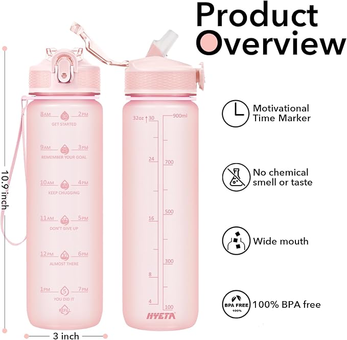 Hyeta Plastic Water Bottle With Straw & Time Marker, 32oz Leakproof Jug | Motivational Tritan BPA Free Gym Office Outdoor Intake Tracker Hourly Reminder Straw Lid Lightweight