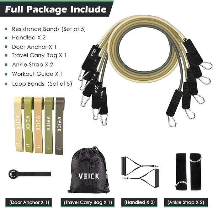 VEICK 10-150LBS Resistance Bands with Handles, Ankle Straps, Door Anchor | Accredited Lab Certified, 100% Natural Latex, Versatile for Yoga, Pilates, Strength, Home Gym