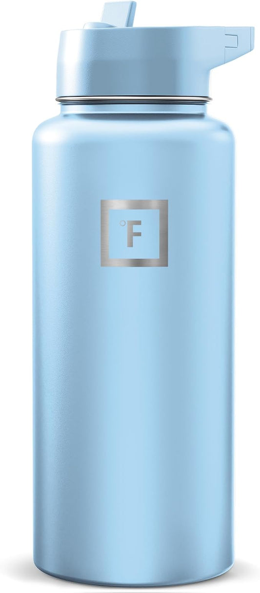 IRON °FLASK Camping & Hiking Hydration Flask with Straw, Wide Mouth Insulated Stainless Steel Sports Water Bottle - Morning Mist 32 oz - Straw (1 Lid)