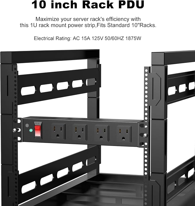 HEZI 10 Inch Rack PDU, 1U Rack Mount, 4 Outlets, 1200J Surge Protection | 15A Overload Switch,10FT 14AWG Extension Cord,for Mini Server Cabinet Network Rack,Black,ETL Listed
