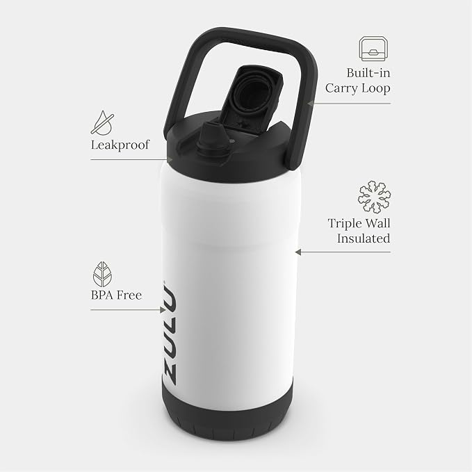 ZULU Goals Vacuum Insulated Large Capacity Stainless Steel Water Bottle | Reusable Jug Thermoses with Carry Handle | Leak-Proof Lid | Perfect for Travel, Workout, Gym, Hiking, Camping | 64oz, 101oz