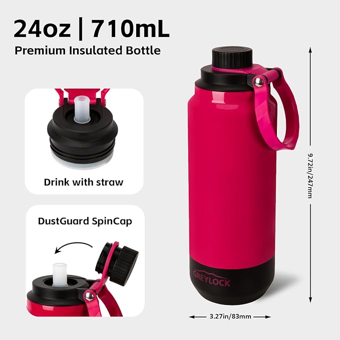GREYLOCK 32 oz Insulated Water Bottle with Straw Lid, Leakproof Reusable Stainless Steel Vacuum Flask, 24hr Cold & Hot, Carry Handle & Silicone Spout, BPA-Free for Gym, Hiking, Travel, Red