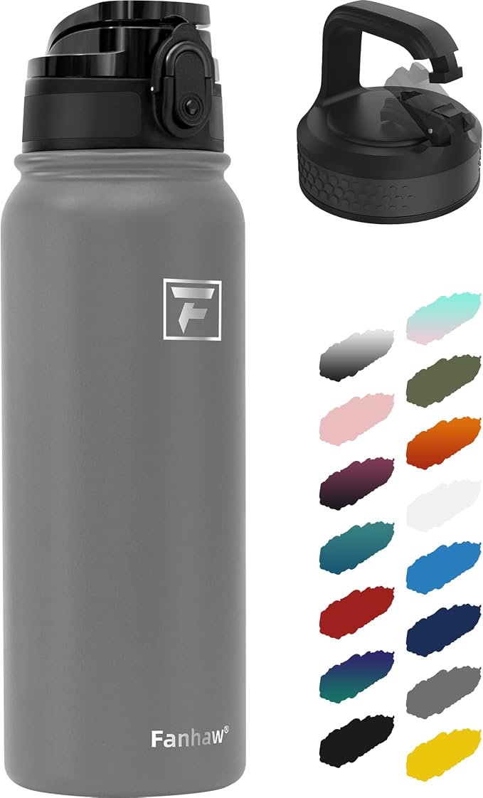 Fanhaw 20 oz Insulated Stainless Steel Water Bottle with Anti-Dust Chug Lid & Carabiner Lid, Leakproof Vacuum Metal Bottle for Kids, Teens & Adults, Back to School Essentials (Gray)