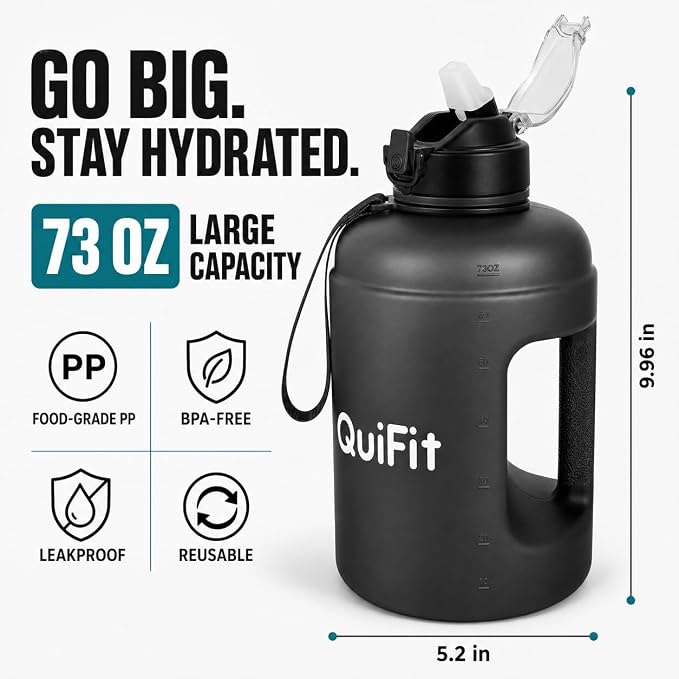 Half Gallon Water Bottle with 2 Lids,Dishwasher Safe, BPA Free,Leak Proof | 73 OZ Large Water Bottle with Straw,Shatter Resistant, Resuable,Time Marker,Big Gym Motivational Water Jug with Handle