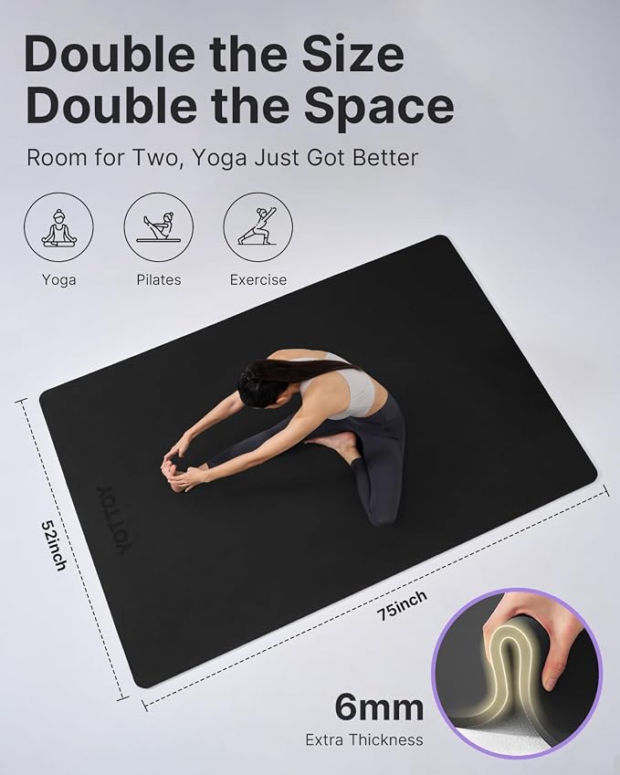 YOTTOY Large Yoga Mat (75 * 52 * 1/2inch),Extra Wide TPE Exercise Mat,Non-Slip Workout Mat for Pilates, Fitness, Barefoot, Home Gym Studio with Strap and Towel
