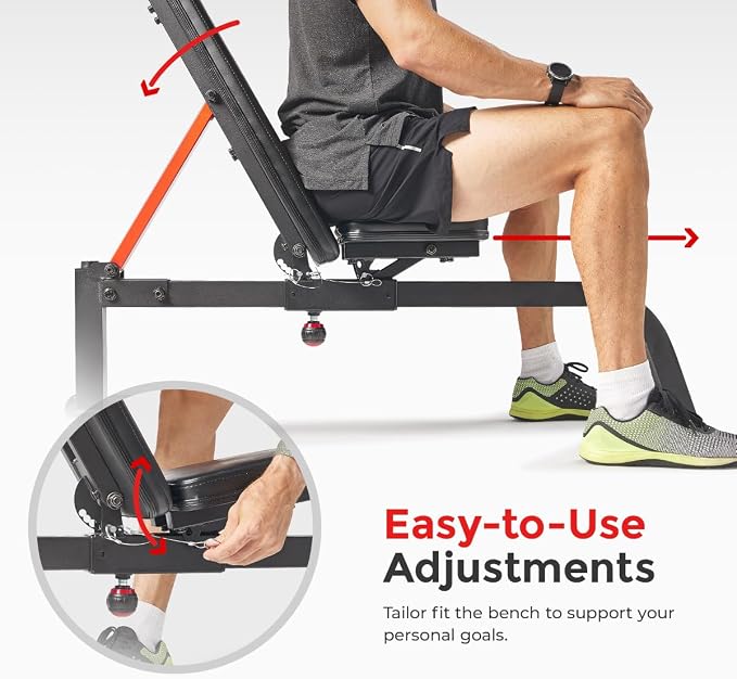 Sunny Health & Fitness Multifunction Adjustable Incline Weight Bench | 520 lb Capacity, Stable Triangular Frame, Multiple Incline Positions, High-Density Padding, Home Gym Training
