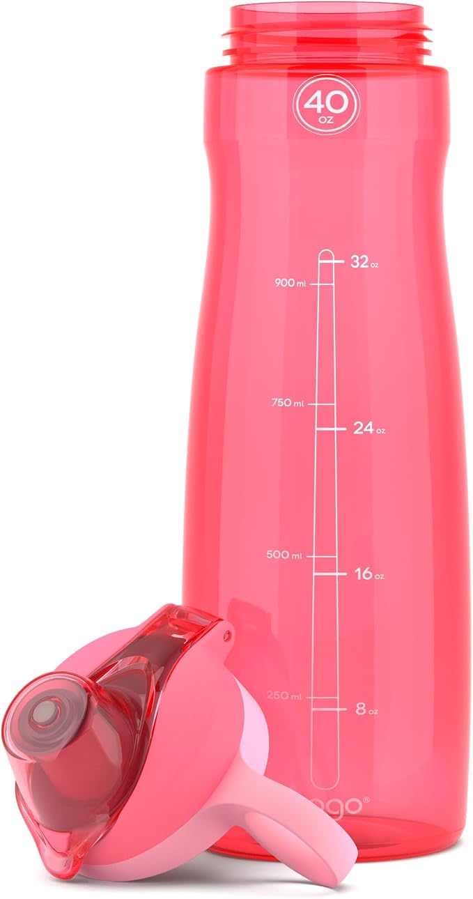 Pogo BPA-Free Plastic Water Bottle with Chug Lid, Pink, 40 oz. | Leakproof water bottle with chug lid and carry handle. BPA-free, great for travel, school, outdoors, and gym.