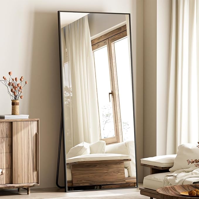 VooBang Mirror Full Length, 24" x 65" Floor Mirror with Stand Black | Aluminum Alloy Frame Full Body Dressing Mirror Standing Hanging or Leaning Against Wall for Bedroom Living Room