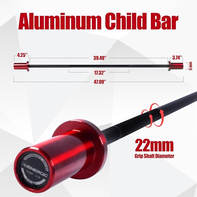 4FT 5LB Aluminum Kids Barbell, 70LB Capacity | Youth training bar with 22mm knurled grip, bearings, brass bushings, and 2-inch Olympic plate compatibility