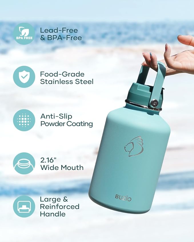 BUZIO 64 oz Insulated Stainless Steel Water Bottle with Dust-proof Lids | Half Gallon Water Jug, Cold for 48 Hrs, Triple Wall with Copper Plating, Leakproof, Non-BPA, for Gym, Hiking, Camping, Black