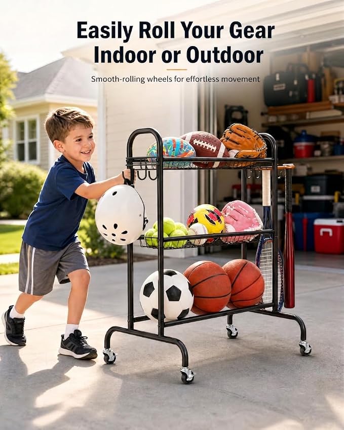 EXTCCT Basketball Rack, Rolling Basketball Shooting Training Stand,Sports Equipment Storage with Wheels, Four-Layer Organizer Holder with Two Basket for Basketballs Footballs Volleyball