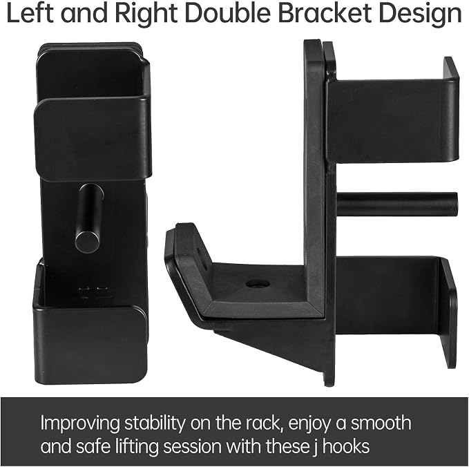 J Hooks for 2" x 2" Power Rack, Rubber Pad J-Hook for Power Cage, Bottom Reinforced Steel J Cups for Squat Rack, Heavy Duty Barbell Holder, Black