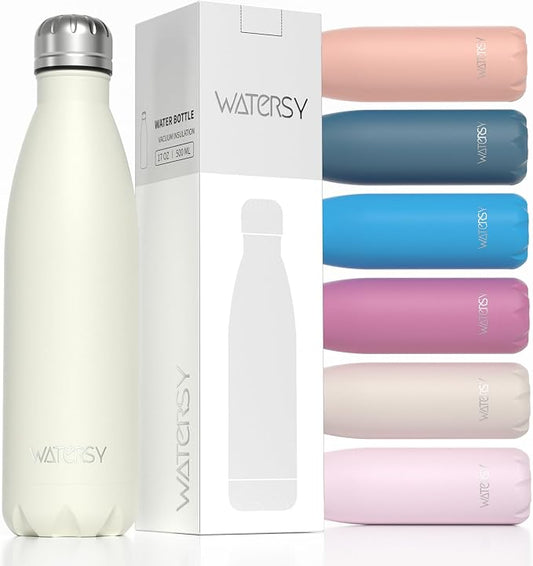 WATERSY Stainless Steel water bottles,17oz/500ml Insulated Water Bottle | Cream White metal water bottle Keeps Drink Cold and Hot,BPA Free kids water bottles for School,Gym,Travel,Sports