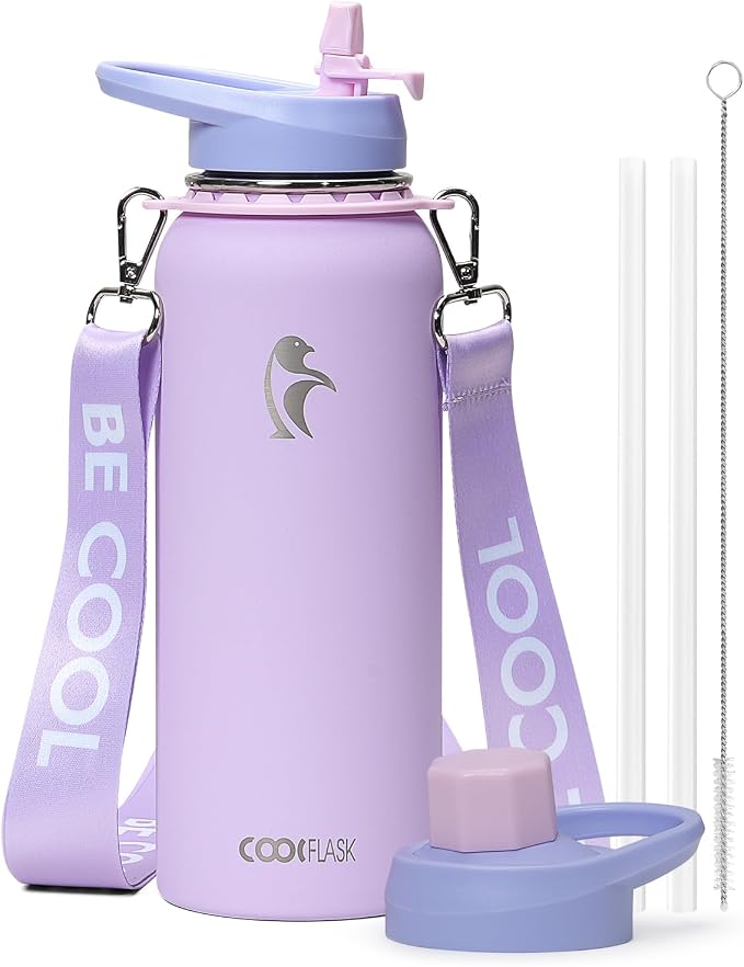 Coolflask 40 oz Water Bottle Insulated Stainless Steel with Strap | Metal Water Flask with Straw & Spout Lids, Triple-Wall, Cold 48+h, Dishwasher Safe, Leakproof, BPA-Free, for Gym & Hiking