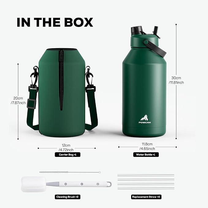 POWCAN 64 oz Insulated Water Bottle with Carrier Bag, 2-in-1 Straw & Spout Lid, Leakproof, Keep Cold 48H, BPA-Free, Stainless Steel Water Bottle with handle for Workout, Trip and Fitness (Forest)