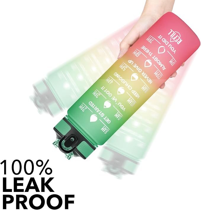 Hyeta Water Bottle with Straw & Time Marker, Plastic 32oz Leakproof | Motivational Tritan BPA Free Gym Office Outdoor Intake Tracker Hourly Reminder Straw Lid Carry Strap