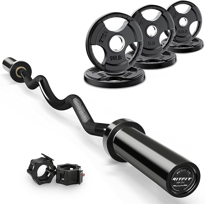 RitFit 2 Inch EZ Curl Bar Olympic Barbell with Weight Plates & Collar | 4FT EZ Curl Bar with 35LB Weight Plates, Collars for Bicep, Tricep Workout, Weightlifting, 350LBS Weight Capacity
