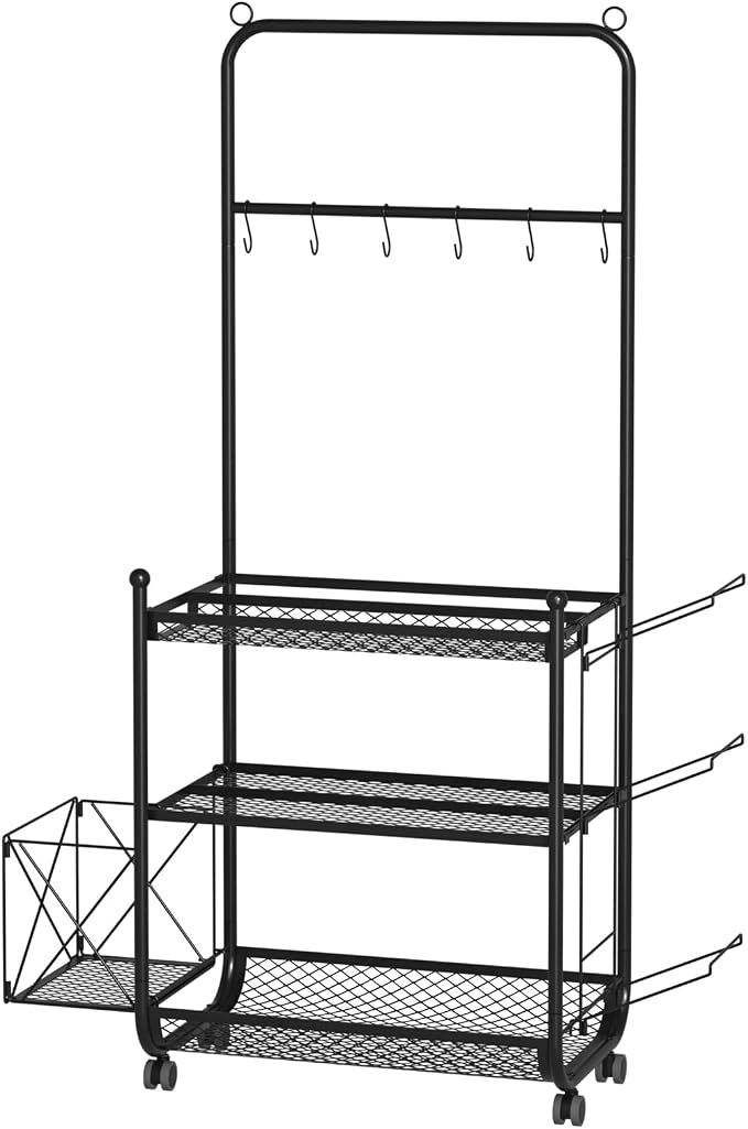 Yoga Mat Storage Rack, Home Gym Storage Rack for Dumbbells, Workout Equipment Organizer with Hooks and Wheels Black