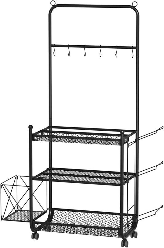 Yoga Mat Storage Rack, Home Gym Storage Rack for Dumbbells, Workout Equipment Organizer with Hooks and Wheels Black