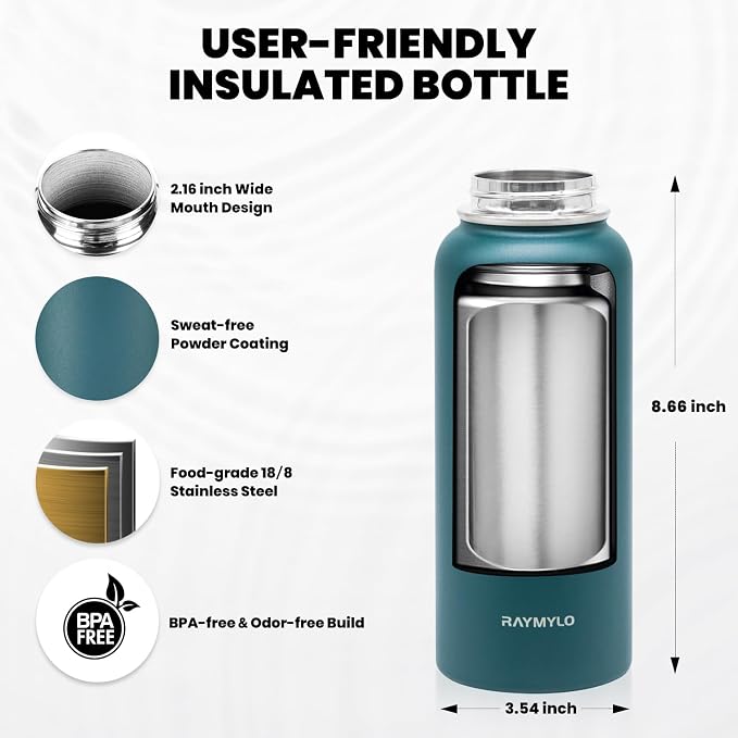 RAYMYLO Insulated Water Bottle 32 oz, Triple Wall Vacuum Stainless Steel | (Cold for 24Hrs, Hot for 12Hrs), Leak Proof & Non-BPA, Modern Water Flask Jug with Paracord Handle & Straw Spout Lids