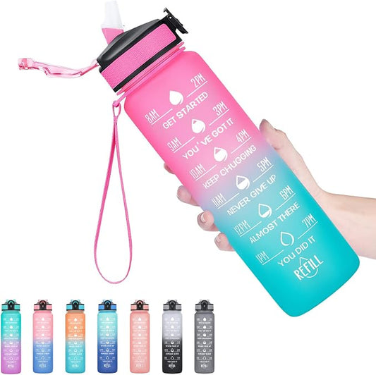 Hyeta Water Bottle with Straw & Time Marker, Plastic 32oz Leakproof | Motivational Tritan BPA Free Gym Office Outdoor Intake Tracker Hourly Reminder Straw Lid Carry Strap