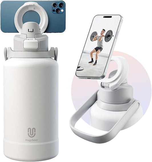 64oz Insulated Magnetic Water Bottle - Stainless Steel Vacuum Flask with MagSafe Compatible Phone Holder Keeps Drinks Cold for 24 Hours Water Jug for Gym and Outdoor Activities（White)