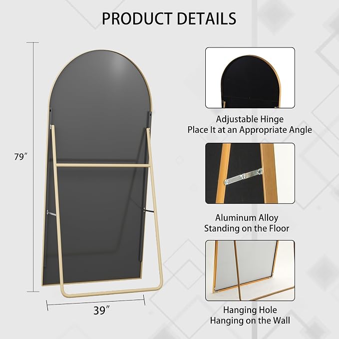 Beauty4U 79" x 39" Arched Full Length Mirror with Stand, Gold Floor Mirror | Large Standing, Leaning, or Wall-Mounted Tempered Full Body Mirror with Metal Frame for Bedroom, Closet, Modern Home Decor