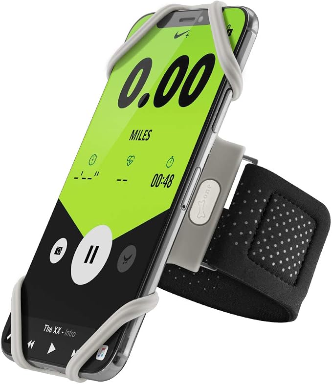 BONE Run Tie, Universal Running Phone Armband for 4"-6.7" Smartphones | Sweat Wicking, Skin-Friendly & Washable Silicone Strap, Workout Phone Arm Holder for Running (Gray - XL Arm Size 15.7-21.4")