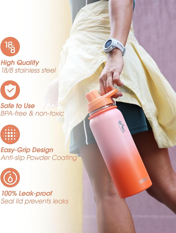 Coolflask 40 oz Water Bottle Insulated Stainless Steel with Strap | Metal Water Flask with Straw & Spout Lids, Triple-Wall, Cold 48+h, Dishwasher Safe, Leakproof, BPA-Free, for Gym & Hiking