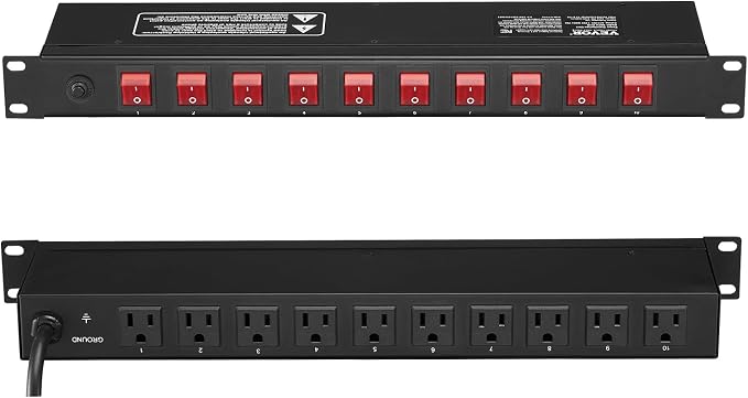 VEVOR 10 Outlet Horizontal 1U Rack Mount PDU Power Strip for Network Server Racks, 10 Individual Led Switches Surge Protection & Overload Protection, 110-125V/15A, with 6ft 14AWG Power Cord