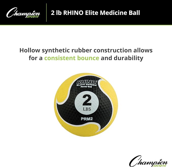 Champion Sports Rhino Elite Medicine Ball – Textured Surface, Superior Grip, Hollow Synthetic Rubber for Consistent Bounce & Durability, Multiple Weights & Colors - Optional Rebounder Sold Separately